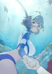 Rule 34 | 1boy, 1girl, air bubble, bikini, blue archive, blue bikini, blush, breasts, bubble, fish, goggles, halo, hetero, highres, holding hands, large breasts, long sleeves, looking at viewer, looking to the side, official alternate costume, oozumi 03, pov, pov hands, rash guard, saki (blue archive), saki (swimsuit) (blue archive), sunlight, swimsuit, underwater
