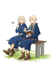Rule 34 | 2girls, blonde hair, blue capelet, blue robe, blush, book, boots, braid, brown footwear, bug, butterfly, capelet, choker, closed eyes, closed mouth, commentary, dungeon meshi, elf, falin touden, falin touden (tallman), food, fruit, full body, grass, green eyes, grey hair, hashtag-only commentary, highres, holding, holding book, holding food, insect, long sleeves, marcille donato, medium hair, multiple girls, on bench, orange butterfly, outdoors, pointy ears, reading, red choker, robe, simple background, sitting, staff, strawberry, tanjiu, twin braids, white background