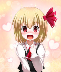 Rule 34 | 1girl, :d, ascot, blonde hair, blush, confession, embodiment of scarlet devil, fang, fangs, female focus, hair ribbon, happy, heart, heart-shaped pupils, looking at viewer, mount whip, open mouth, pointing, pov, red eyes, ribbon, rumia, short hair, smile, solo, symbol-shaped pupils, touhou, upper body