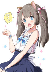 Rule 34 | 1girl, animal ear fluff, animal ears, bare arms, bare shoulders, between legs, black hair, blue bow, blue dress, blue eyes, blush, bow, cat ears, commentary request, dress, hair bow, hand between legs, hand up, highres, looking at viewer, open mouth, original, paw pose, pink bow, ragho no erika, sailor collar, shirt, simple background, sleeveless, sleeveless shirt, solo, star (symbol), starry background, striped, striped bow, teeth, translation request, twintails, upper teeth only, white background, white sailor collar, white shirt