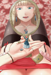 Rule 34 | 1boy, 1girl, black thighhighs, blonde hair, blunt bangs, blurry, bracelet, breasts, cleavage, crescent, crossdressing, depth of field, dress, earrings, female pov, fingernails, giant, giantess, green eyes, in palm, jewelry, long hair, mini person, miniboy, mirror, mizuno (pixiv31352320), nail polish, necklace, original, pov, red hair, reflection, ring, short hair, thigh strap, thighhighs, thumb ring, unworn clothes