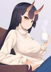 Rule 34 | 1girl, :o, absurdres, black hair, breasts, brown eyes, chair, coffee mug, cup, denim, grey background, hair ornament, hairclip, highres, holding, holding cup, horns, large breasts, long hair, long sleeves, looking at viewer, mug, oni horns, origamine ouka, original, pants, parted lips, ribbed sweater, simple background, sitting, solo, steam, sweater, takunomi, turtleneck, turtleneck sweater, white sweater