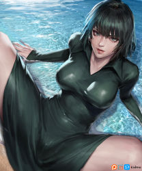 Rule 34 | 1girl, absurdres, breasts, dress, fubuki (one-punch man), green dress, green eyes, green hair, highres, huge filesize, kidmo, large breasts, looking at viewer, lying, on back, one-punch man, partially submerged, short hair, spread legs, thighs, water