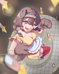 Rule 34 | 1girl, :d, absurdres, animal hands, apron, blush, bone-shaped pupils, bone hair ornament, braid, breasts, brown hair, cleavage, dog tail, doggy god&#039;s street, double bun, dress, from above, gloves, hair bun, hair ornament, hairband, highres, hololive, inugami korone, long hair, looking at viewer, looking up, medium breasts, open mouth, paw gloves, red eyes, red thighhighs, reulem, sharp teeth, shoes, single thighhigh, smile, solo, symbol-shaped pupils, tail, teeth, thighhighs, twin braids, virtual youtuber, white apron, yellow dress