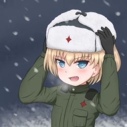 Rule 34 | 10s, 1girl, black gloves, blonde hair, blue eyes, breath, close-up, earflap hat, fang, female focus, fur hat, girls und panzer, gloves, hands on headwear, hands on own head, hat, katyusha (girls und panzer), kouson&#039;en, looking at viewer, military, military uniform, open mouth, overalls, short hair, short jumpsuit, smile, snow, solo, standing, uniform, ushanka