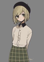 Rule 34 | 1girl, absurdres, arms behind back, beret, blonde hair, blush stickers, collared shirt, expressionless, green eyes, grey background, hat, highres, long sleeves, looking at viewer, maco22, original, shirt, short hair, skirt, solo