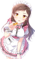 Rule 34 | 1girl, apron, blush, bow, bowtie, breasts, brown hair, butterfly necklace, candy, cowboy shot, dress shirt, floating hair, food, frilled skirt, frills, holding, holding candy, holding food, idolmaster, idolmaster million live!, idolmaster million live! theater days, kitazawa shiho, leaning forward, long hair, looking at viewer, maid headdress, medium breasts, miniskirt, open mouth, pink bow, pink bowtie, pink skirt, shirt, short sleeves, simple background, skirt, solo, touon, underbust, waist apron, wavy mouth, white apron, white background, white shirt, wrist cuffs, yellow eyes