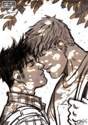 Rule 34 | 2boys, autumn leaves, bad id, bad tumblr id, bag, bara, black hair, blonde hair, collared shirt, couple, cris art, facial hair, forehead-to-forehead, heads together, hulkling, imminent kiss, long sideburns, male focus, marvel, multiple boys, mustache stubble, noses touching, shirt, short hair, shoulder bag, sideburns, sideburns stubble, smile, sparse stubble, spot color, stubble, thick eyebrows, tree, tree shade, under tree, upper body, wiccan, yaoi