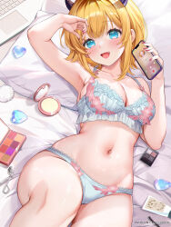 Rule 34 | 1girl, blonde hair, blue eyes, bra, breasts, cellphone, cleavage, cowboy shot, demon horns, fake horns, highres, horns, hoshino ruby, jewelry, lingerie, looking at viewer, lying, machi (7769), makeup, medium breasts, medium hair, mem-cho, navel, on back, open mouth, oshi no ko, phone, smartphone, smile, solo, underwear