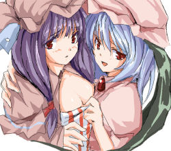 Rule 34 | 2girls, bat wings, blue hair, blush, bow, breasts, brooch, cleavage, eyebrows, female focus, hair bow, hat, imuraya ayuka, jewelry, long hair, looking at viewer, mob cap, multiple girls, oekaki, patchouli knowledge, pink hat, purple hair, red bow, red eyes, remilia scarlet, simple background, smile, tareme, touhou, upper body, wings