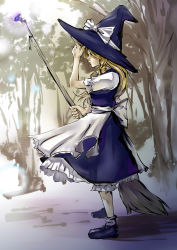 Rule 34 | 1girl, aqui, blonde hair, blue eyes, broom, bug, butterfly, female focus, full body, hat, highres, bug, kirisame marisa, nature, outdoors, plant, skirt, solo, standing, touhou, tree, witch, witch hat