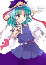 Rule 34 | 1girl, arm behind back, blue hat, blue skirt, blue vest, commentary request, dated, enjoy mix, frilled hat, frills, green eyes, green hair, hat, holding, juliet sleeves, long sleeves, looking at viewer, one-hour drawing challenge, open mouth, puffy sleeves, rod of remorse, shiki eiki, short hair, signature, simple background, skirt, solo, touhou, twitter username, v-shaped eyebrows, vest, white background