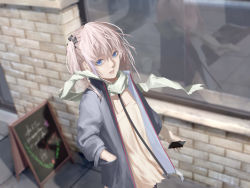 Rule 34 | 1girl, absurdres, black jacket, blue eyes, brick wall, building, cellphone, commentary, day, dress, english commentary, engrish commentary, girls&#039; frontline, green scarf, highres, holding, holding phone, jacket, long hair, long sleeves, looking at viewer, open clothes, open jacket, outdoors, phone, pink hair, reflection, scarf, scenery, shadow, smartphone, solo, st ar-15 (girls&#039; frontline), standing, sunlight, tacshojosora, window, yellow dress