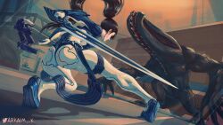 Rule 34 | 1girl, absurdres, alien, arkaim, ass, battle, black bodysuit, black hair, bodysuit, chainsaw, commentary, drone, english commentary, eve (stellar blade), fighting stance, floating, from behind, highres, holding, holding sword, holding weapon, levitation, long hair, monster, naytiba (stellar blade), non-humanoid robot, outdoors, outstretched leg, ponytail, robot, science fiction, skin tight, squatting, stalker (stellar blade), stellar blade, sword, twitter username, two-tone bodysuit, very long hair, weapon, white bodysuit