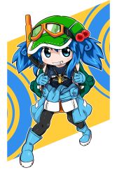 Rule 34 | 1girl, backpack, bag, beret, black thighhighs, blue eyes, blue gloves, blue hair, boots, byourou, clothes around waist, diving mask, gloves, goggles, hair bobbles, hair ornament, hat, highres, jacket, jacket around waist, kawashiro nitori, key, looking at viewer, matching hair/eyes, rubber boots, school swimsuit, smirk, snorkel, solo, swimsuit, thighhighs, touhou, twintails, two side up