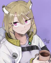 Rule 34 | 1girl, animal ear fluff, animal ears, arknights, breasts, closed mouth, cup, dated, grey nails, hair between eyes, hair ornament, hairclip, highres, holding, holding cup, jacket, light brown hair, long sleeves, looking at viewer, medium breasts, mug, open clothes, open jacket, pink eyes, purple background, rokugou (tokiwa rokugou), signature, simple background, solo, upper body, utage (arknights), white jacket