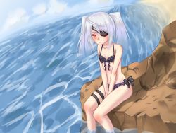 Rule 34 | 10s, 1girl, beach, bikini, blush, breasts, eyepatch, front-tie top, highres, infinite stratos, laura bodewig, long hair, moffuu, ocean, red eyes, rock, silver hair, small breasts, solo, swimsuit, twintails