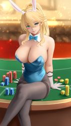 Rule 34 | 1girl, ahoge, animal ears, artoria pendragon (fate), artoria pendragon (lancer) (fate), asuna (blue archive), asuna (bunny) (blue archive), asuna (bunny) (blue archive) (cosplay), bare shoulders, black pantyhose, blonde hair, blue archive, blue bow, blue bowtie, blue eyes, blue leotard, blush, bow, bowtie, breasts, cleavage, closed mouth, commentary request, cosplay, crossed legs, detached collar, elbow gloves, fake animal ears, fate/grand order, fate (series), feet out of frame, gloves, hair between eyes, hairband, highres, large breasts, leotard, light particles, long hair, looking at viewer, pantyhose, playboy bunny, poker chip, poker table, ponytail, profile, rabbit ears, sidelocks, sitting, smile, solo, strapless, strapless leotard, table, thighband pantyhose, very long hair, white gloves, white hairband, yamaneko (tkdrumsco)