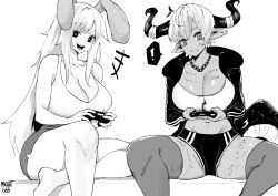 Rule 34 | +++, 2girls, ^^^, artist name, bare arms, bare shoulders, breasts, character request, cleavage, commission, controller, crop top, facing viewer, feet out of frame, game controller, highres, horns, jacket, jewelry, large breasts, long hair, looking at viewer, midriff, monster girl, multiple girls, necklace, norman maggot, playing games, pointy ears, rabbit ears, scales, sidelocks, simple background, sitting, smile, spoken exclamation mark, spread legs, sweatdrop, tank top, thighhighs, white background