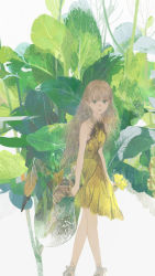 Rule 34 | 1girl, ankle lace-up, arms at sides, bare arms, bare shoulders, blunt bangs, closed mouth, cross-laced footwear, dated commentary, dress, expressionless, feet out of frame, flower, from side, green eyes, hat, highres, holding, holding clothes, holding flower, holding hat, large hat, leaf, leaf background, light brown hair, limited palette, long hair, looking at viewer, looking to the side, matayoshi, multicolored clothes, multicolored hat, original, outdoors, paid reward available, plant, signature, solo, strapless, strapless dress, unworn hat, unworn headwear, walking, wavy hair, witch hat, yellow dress, yellow flower