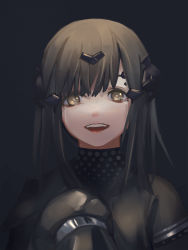 Rule 34 | 1girl, black background, black dress, black hair, crying, crying with eyes open, dark background, dress, girls&#039; frontline, headgear, highres, looking at viewer, low ponytail, mercurows (girls&#039; frontline), nyto (girls&#039; frontline), open mouth, paradeus, reaching, reaching towards viewer, simple background, sleeves past wrists, smile, solo, tears, teeth, upper body, upper teeth only, xyufsky
