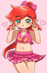 Rule 34 | 1boy, :o, absurdres, bare shoulders, blush, bow, cheerleader, cheerleader link, collarbone, crop top, crossdressing, double v, eyebrows, green eyes, hair bow, heart, heart-shaped pupils, high ponytail, highres, legs together, link, looking at viewer, male focus, navel, nintendo, official alternate costume, papapaimon, parted lips, pink background, pink bow, pink skirt, pleated skirt, pointy ears, ponytail, red hair, shiny skin, sidelocks, simple background, skirt, sleeveless, solo, standing, sweat, symbol-shaped pupils, the legend of zelda, the legend of zelda: tri force heroes, toon link, trap, v, v-neck