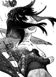 Rule 34 | 1boy, 1girl, blush, dragon girl, dragon wings, fingerless gloves, gloves, grabbing another&#039;s hand, greyscale, looking at viewer, monochrome, open mouth, original, pov, sagami jon, scales, severed arm, severed limb, sharp teeth, short hair, simple background, teeth, upper body, white background, wings