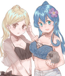 Rule 34 | 2girls, alternate hairstyle, az toride, bikini, black bikini, black eyes, blonde hair, blue bikini, blue eyes, blue hair, breasts, cleavage, commentary request, flower, frilled bikini, frills, gotland (kancolle), hair between eyes, hair flower, hair ornament, kantai collection, large breasts, long hair, looking at viewer, mole, mole under eye, multiple girls, ponytail, richelieu (kancolle), sheep, shorts, simple background, swimsuit, upper body, white background, white shorts