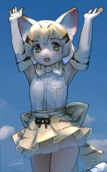 Rule 34 | 1girl, :o, animal ear fluff, animal ears, armpits, arms up, blonde hair, blue sky, bow, bowtie, brown hair, cat ears, cloud, commentary, cowboy shot, elbow gloves, gloves, green eyes, highres, kemono friends, multicolored hair, open mouth, print bow, print bowtie, print gloves, print neckwear, print skirt, sand cat (kemono friends), sand cat print, shirt, short hair, signature, skirt, sky, sleeveless, sleeveless shirt, solo, welt (kinsei koutenkyoku), white hair, white shirt