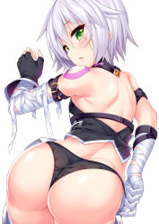 Rule 34 | 1girl, absurdres, adjusting clothes, adjusting panties, ass, back, bandaged arm, bandages, black gloves, black panties, blush, breasts, commentary, crop top, dimples of venus, fate/apocrypha, fate (series), fingerless gloves, from behind, gloves, green eyes, hair between eyes, hand up, highres, jack the ripper (fate/apocrypha), looking back, panties, parted lips, revision, scar, scar across eye, scar on face, short hair, simple background, single glove, small breasts, solo, thighhighs, tsurime, underwear, wakagi repa, white background, white hair
