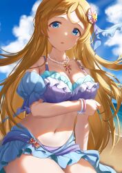 Rule 34 | 1girl, arm under breasts, bare shoulders, beach, bikini, blonde hair, blue eyes, blue sky, blue sleeves, blush, breasts, butterfly hair ornament, butterfly necklace, cleavage, cloud, collarbone, day, detached sleeves, floral print, frilled bikini, frilled sleeves, frills, hair ornament, highres, idolmaster, idolmaster million live!, idolmaster million live! theater days, jewelry, large breasts, long hair, looking at viewer, multiple bracelets, navel, necklace, ocean, open mouth, outdoors, pearl necklace, print sarong, sarong, sasa koutoyomu, shadow, shinomiya karen, short sleeves, signature, sitting, sky, solo, sweatdrop, swimsuit, two-tone bikini, very long hair