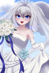 Rule 34 | 1girl, absurdres, alternate costume, blue eyes, blue flower, blue rose, blue sky, bouquet, breasts, bridal veil, cleavage, clothes lift, cloud, dress, dress lift, elbow gloves, flower, gloves, gradient sky, highres, holding, holding bouquet, kate (iloveyorm), konpaku youmu, lifted by self, looking at viewer, medium breasts, off-shoulder dress, off shoulder, open mouth, outdoors, rose, short hair, silver hair, sky, smile, solo, teeth, tiara, touhou, upper teeth only, veil, wedding dress, white dress, white flower, white gloves, white rose