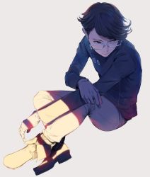 Rule 34 | 10s, 1boy, boots, flipped hair, from above, full body, glasses, grey background, hashigami sarai, looking afar, looking to the side, male focus, occultic;nine, school uniform, short hair, simple background, sitting, solo, sousou (sousouworks), white-framed eyewear