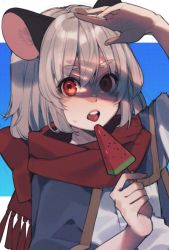 Rule 34 | 1girl, animal ears, food, fruit, grey hair, highres, holding, holding food, mouse ears, nazrin, open mouth, popsicle, prat rat, red eyes, red scarf, scarf, solo, touhou, upper body, watermelon, watermelon bar
