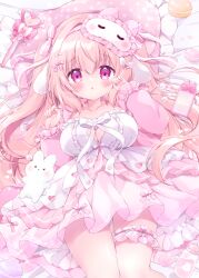 Rule 34 | 1girl, animal ears, blush, breasts, chiika (cure cherish), cleavage, clothing cutout, dress, frills, large breasts, long hair, looking at viewer, lying, mask, on back, original, pillow, pink eyes, pink hair, sleep mask, solo