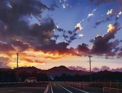 Rule 34 | building, car, cloud, commentary request, evening, fence, house, lamppost, mizuasagi, motor vehicle, no humans, original, outdoors, power lines, road, road sign, scenery, sign, sky, twilight, utility pole