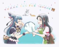 Rule 34 | 2girls, :d, apron, black capelet, black feathers, black hair, black scrunchie, blue flower, blue hair, blunt bangs, bouquet, bracelet, capelet, character name, closed eyes, earrings, feather hair ornament, feathers, flower, genjitsu no yohane, green apron, hair bun, hair ornament, hair ribbon, hairband, hand in own hair, highres, holding, holding bouquet, jewelry, lailaps (genjitsu no yohane), long hair, looking at another, love live!, love live! sunshine!!, multiple girls, open mouth, pink feathers, profile, red eyes, red hairband, red ribbon, ribbon, scrunchie, shirt, short sleeves, smile, tsushima yoshiko, turtle, twitter username, white shirt, wolf, wrist scrunchie, yohane (genjitsu no yohane), yumechiku