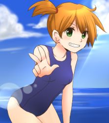 Rule 34 | 1girl, bent over, cloud, cowboy shot, creatures (company), female focus, game freak, green eyes, hagino aki, lowres, misty (pokemon), nintendo, ocean, one-piece swimsuit, outdoors, pokemon, side ponytail, sky, solo, standing, swimsuit, water