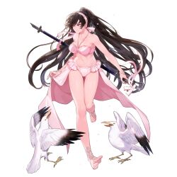 Rule 34 | 1girl, artist request, bare arms, bare legs, bare shoulders, barefoot, beak, bikini, bird, bird tail, black hair, bracelet, collarbone, coreleah (final gear), drawing sword, feathers, final gear, frills, frown, full body, gathers, gradient wings, hairband, half updo, high ponytail, highres, holding, holding clothes, holding swimsuit, holding sword, holding weapon, jewelry, long hair, midriff, multicolored wings, navel, official art, pink bikini, pink eyes, pink hairband, pink ribbon, ponytail, ribbon, running, seagull, sheath, simple background, soles, solo, spaghetti strap, sparkle, swimsuit, sword, tachi-e, tail, third-party source, toes, transparent background, unsheathing, very long hair, water drop, weapon, white bird, white feathers, wings