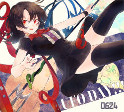 Rule 34 | 1girl, :d, asymmetrical wings, black dress, black hair, black thighhighs, blue wings, bow, bowtie, breasts, dated, dress, feet out of frame, hair between eyes, hisona (suaritesumi), holding, holding weapon, houjuu nue, long hair, looking at viewer, nail polish, nue day, open mouth, polearm, red bow, red bowtie, red eyes, red nails, red wings, short dress, short sleeves, small breasts, smile, snake, solo, thighhighs, thighs, touhou, trident, weapon, wings, wristband, zettai ryouiki