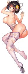 Rule 34 | 1girl, areola slip, ass, blush, breasts, bridal lingerie, bride, choker, corset, cuts, daika (last origin), defeat, earrings, feet, floral print, flower, from behind, full body, game cg, garter straps, hair flower, hair ornament, hair ribbon, highres, injury, japanese clothes, jewelry, lace, lace-trimmed legwear, lace trim, large breasts, last origin, legs, lingerie, looking at viewer, looking back, median furrow, mole, mole under eye, official alternate costume, official art, one eye closed, paintale, panties, pink flower, purple hair, ribbon, shoes, unworn shoes, short hair, shoulder blades, single shoe, sitting, skindentation, soles, solo, tachi-e, thighhighs, torn clothes, torn thighhighs, transparent background, underwear, white choker, white corset, white flower, white footwear, white ribbon, white thighhighs, yellow eyes, yellow flower
