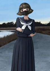 Rule 34 | 1girl, black eyes, black mask, black sailor collar, black serafuku, black skirt, bob cut, brown hair, check commentary, commentary request, crossed arms, day, highres, ixola, long skirt, looking at viewer, mask, neckerchief, original, outdoors, pleated skirt, sailor collar, school uniform, serafuku, skirt, solo, standing