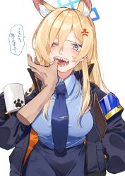 Rule 34 | 1girl, absurdres, anger vein, angry, animal ear fluff, animal ears, blonde hair, blue archive, blue eyes, blue gloves, blue jacket, blue necktie, blue shirt, blue skirt, breasts, coffee mug, commentary request, cup, deitaku, disembodied hand, dog ears, drooling, finger in another&#039;s mouth, gloves, hair over one eye, halo, hand in pocket, highres, holding, holding cup, jacket, kanna (blue archive), large breasts, long hair, mouth pull, mug, necktie, open mouth, saliva, sharp teeth, shirt, simple background, skirt, solo, speech bubble, teeth, tongue, translation request, white background