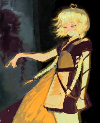 Rule 34 | 1other, androgynous, antenna hair, armor, belt, blonde hair, blood, braid, breastplate, cape, chinese commentary, closed mouth, commentary request, cowboy shot, hakama, hakama short skirt, hakama skirt, hand up, heart antenna hair, highres, japanese clothes, kimono, len&#039;en, long hair, ooama no ake no mitori, other focus, red belt, red cape, red hakama, red kimono, single tear, skirt, sleeveless, sleeveless kimono, solo, sweetdreamnight, twin braids, two-sided cape, two-sided fabric, yellow eyes
