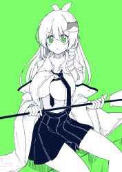 Rule 34 | + +, 1girl, ahoge, breasts, closed mouth, detached sleeves, frog hair ornament, gohei, green background, green eyes, green theme, gurajio, hair ornament, highres, holding, kochiya sanae, large breasts, long hair, necktie, nontraditional miko, open clothes, open shirt, pleated skirt, simple background, skirt, snake hair ornament, solo, standing, sweatdrop, touhou, v-shaped eyebrows, wide sleeves
