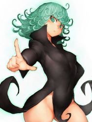 Rule 34 | 1girl, breasts, cameltoe, covered navel, cowboy shot, curly hair, covered erect nipples, fumio (rsqkr), green eyes, green hair, long hair, matching hair/eyes, no panties, one-punch man, pointing, side slit, skin tight, small breasts, solo, tatsumaki, thighs