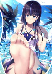 Rule 34 | 1girl, barefoot, beach, blue eyes, blurry, day, depth of field, feet, foot focus, foreshortening, halterneck, highres, kakuchou shoujo-kei trinary, kunimasa ayami, leg up, long hair, looking at viewer, multicolored hair, otono fei, outdoors, palm tree, pov, sitting, smile, soles, solo, sparkle, streaked hair, toes, tree, v-shaped eyebrows, very long hair, water drop