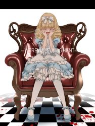 Rule 34 | 1girl, blonde hair, bow, cacao (99chocolove99), chair, checkered floor, closed eyes, copyright name, crying, dress, full body, hair bow, jessica (jinrou judgment), jinrou judgment, long hair, pantyhose, puffy sleeves, simple background, sitting, solo, white background, white pantyhose
