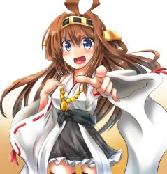 Rule 34 | 10s, 1girl, ahoge, bad id, bad pixiv id, bare shoulders, blue eyes, brown hair, detached sleeves, double bun, hair ornament, hairband, headgear, japanese clothes, kantai collection, kongou (kancolle), long hair, nontraditional miko, open mouth, personification, pointing, pointing at viewer, rinrin (927413), skirt, smile, solo, thighhighs