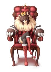 Rule 34 | 1girl, animal ears, beauty and the beast, blue eyes, boots, bow, brown hair, claws, commentary request, cross-laced footwear, crown, full body, fur trim, lace-up boots, crossed legs, mane, monster girl, original, princess royale, sitting, smile, solo, tail, tail bow, tail ornament, transparent background, tyanbaku